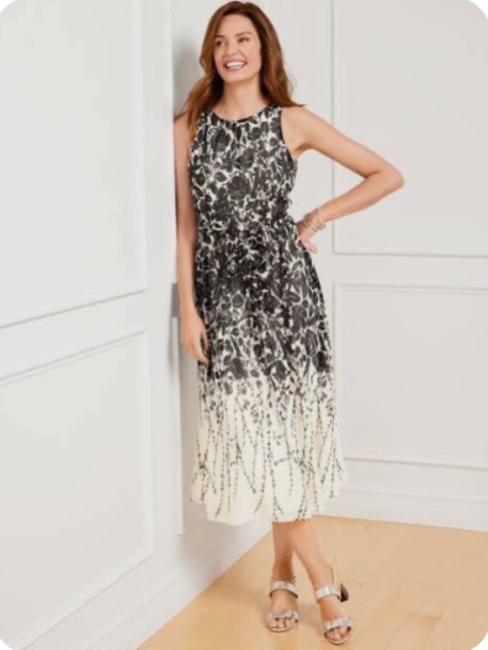 Talbots Trailing Tulips Midi Dress Black White Floral Fit Flare Sleeveless 14W